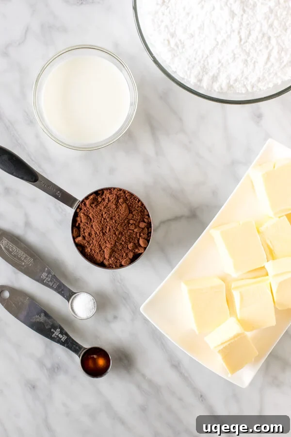 Collection of key ingredients for making homemade chocolate buttercream, including butter, cocoa, and powdered sugar.