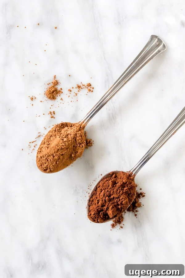A comparison image showing 1 teaspoon of natural cocoa powder next to 1 teaspoon of Dutch-process cocoa powder, highlighting the color difference.