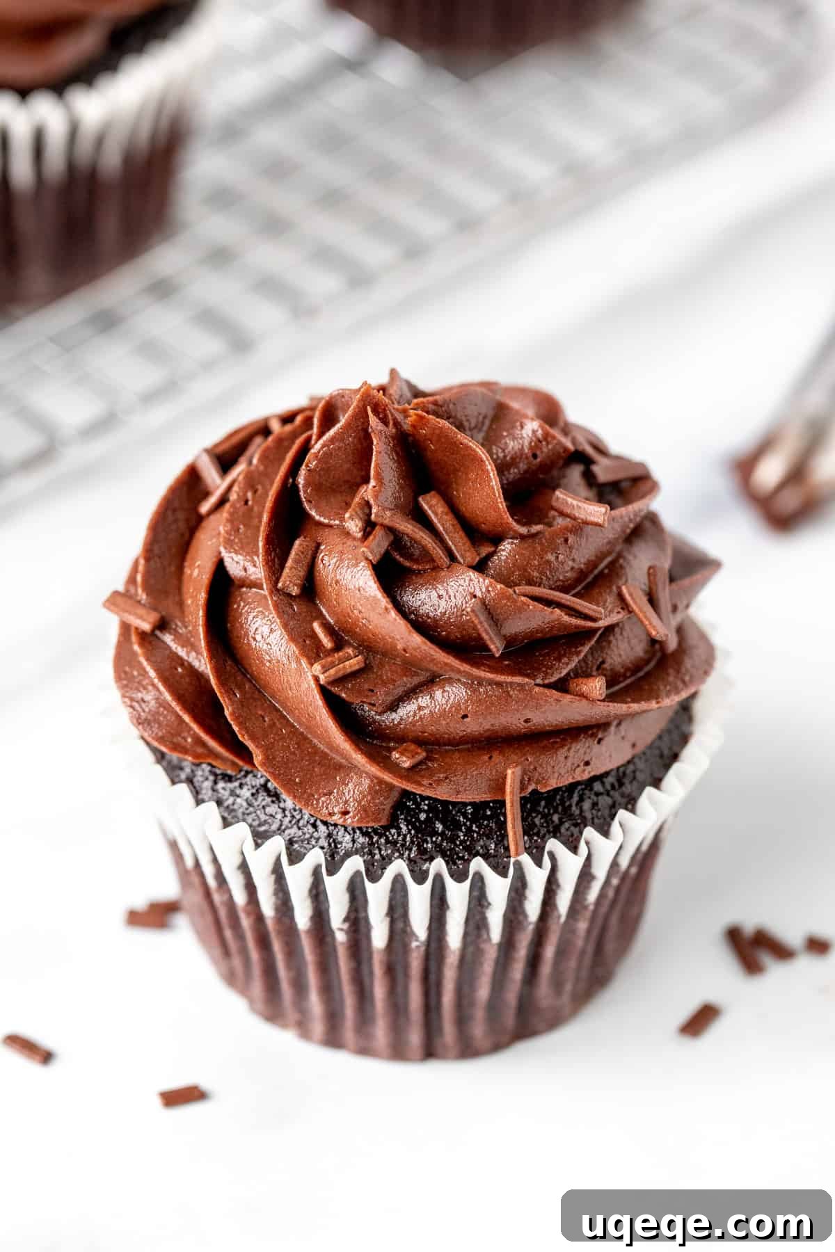 A beautifully decorated chocolate cupcake topped with generous swirls of homemade chocolate buttercream frosting.
