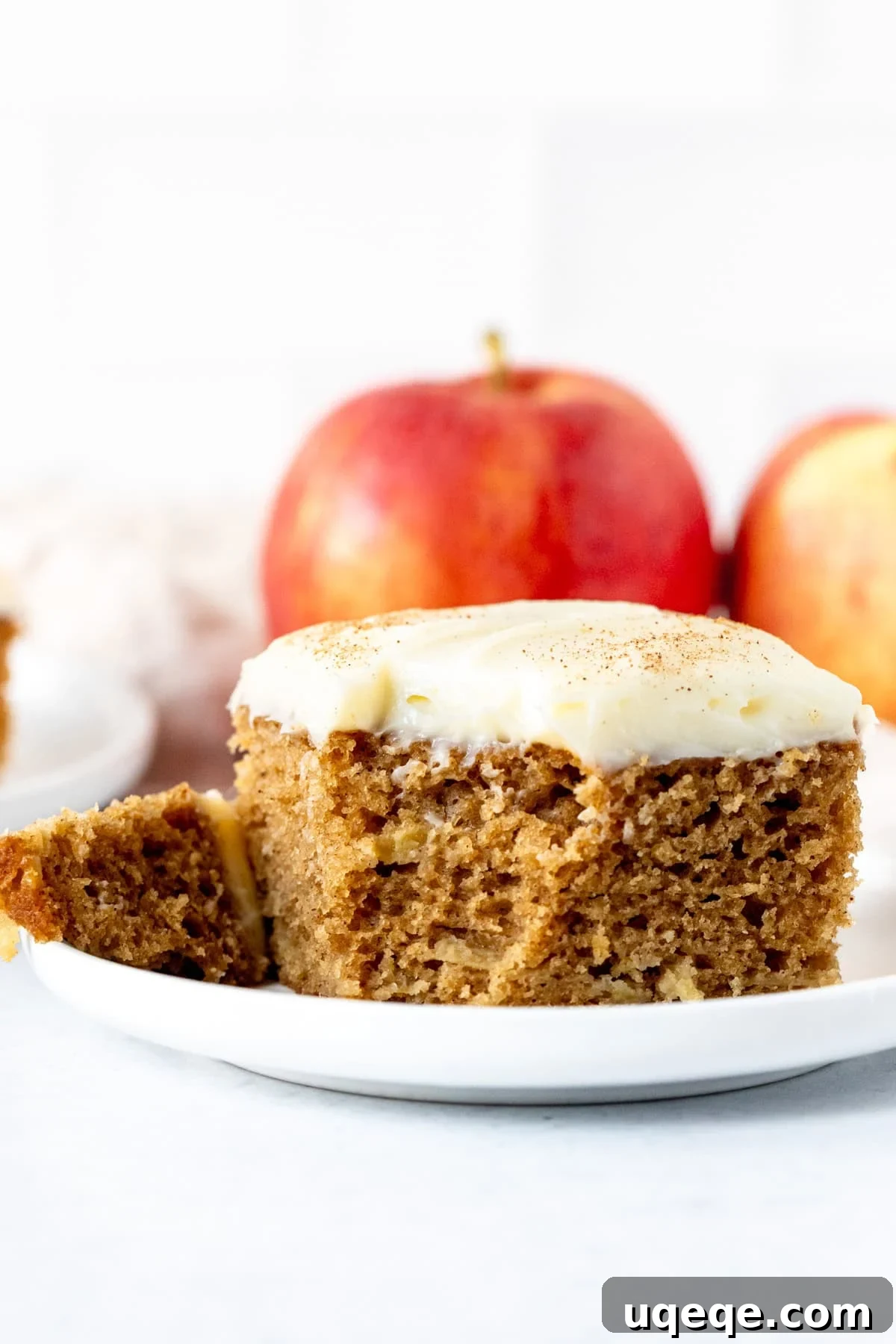 Orchard Spice Cake with Cream Cheese Cloud 11 A moist apple cake with a bite taken out, showing the tender crumb and apple pieces within, inviting enjoyment.
