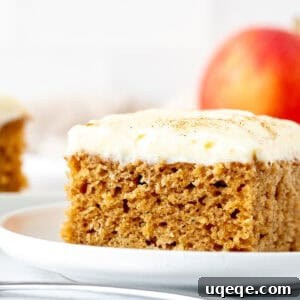 A delightful slice of apple spice cake adorned with creamy cream cheese frosting, a visual promise of deliciousness.
