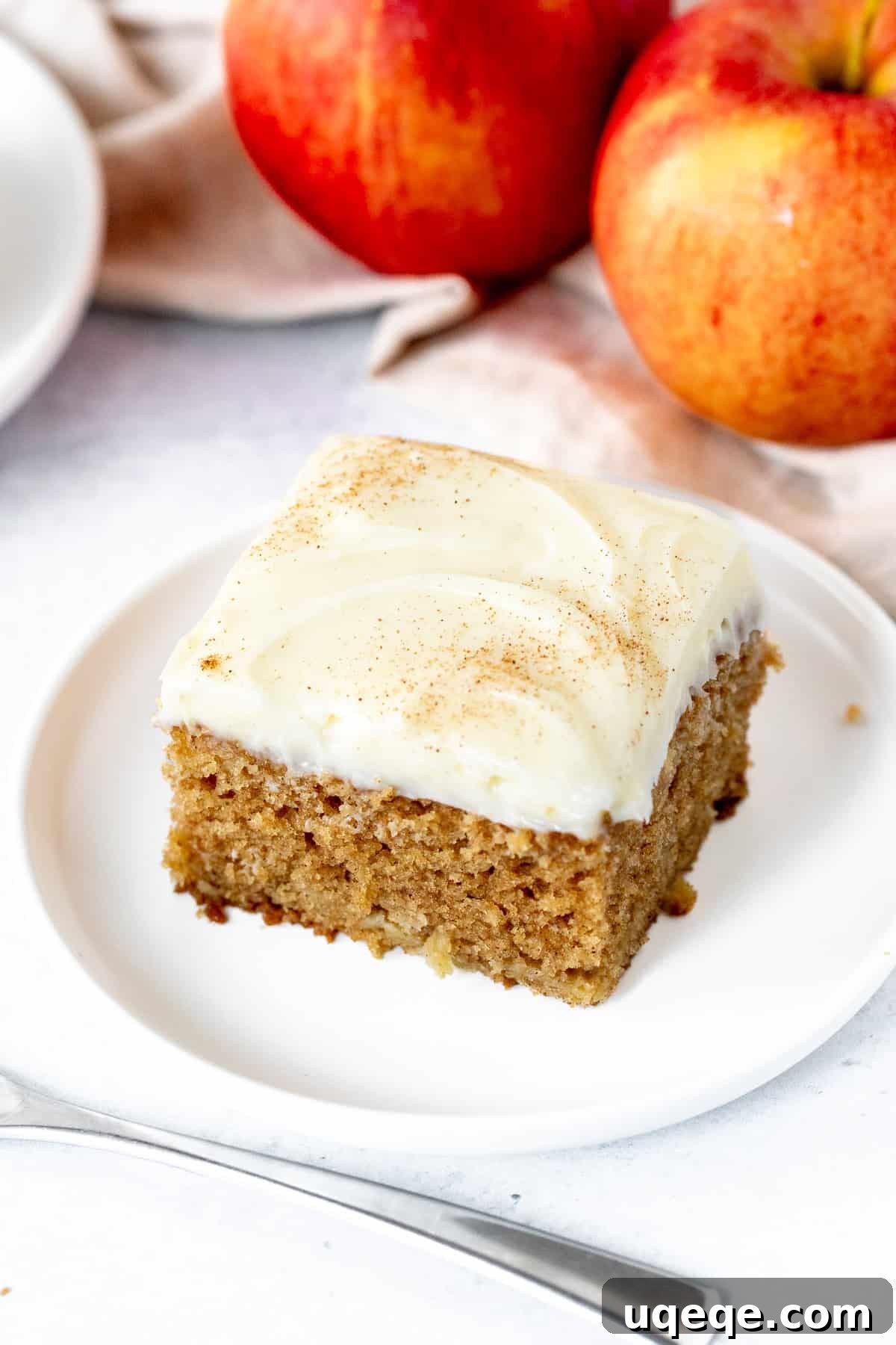 Orchard Spice Cake with Cream Cheese Cloud 4 A tempting slice of moist apple cake crowned with smooth cream cheese frosting, garnished with a light sprinkle of cinnamon, illustrating its irresistible appeal.