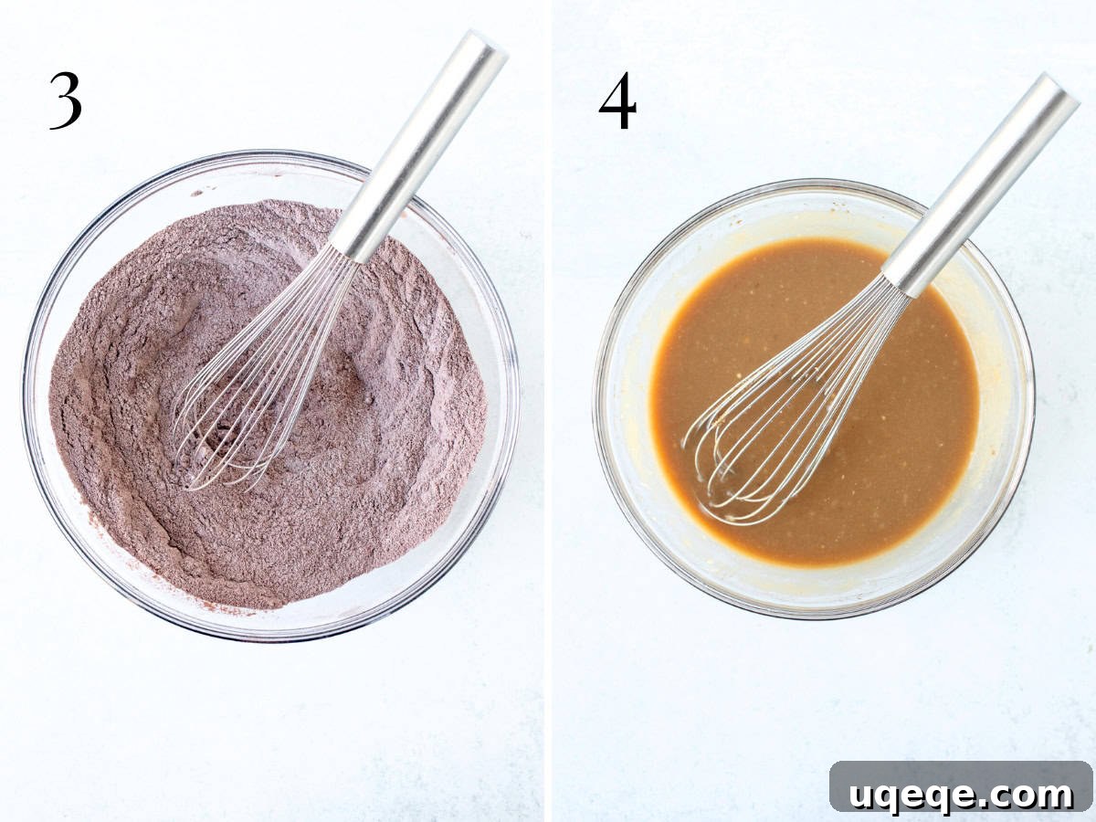 Chocolate Zucchini Delight 5 Bowls of whisked dry and wet ingredients for cake