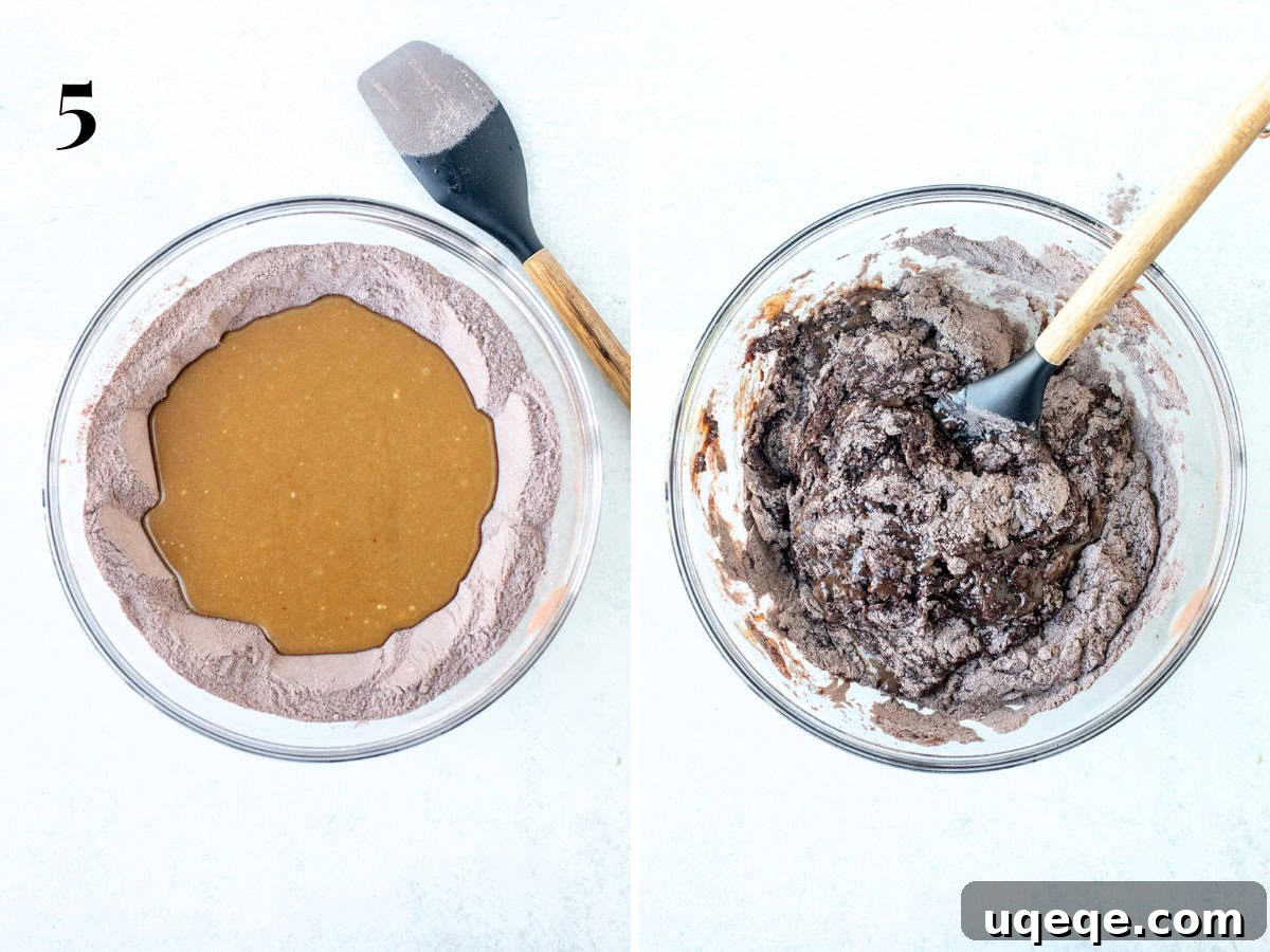 Chocolate Zucchini Delight 6 Wet ingredients poured into dry, then partially mixed cake batter