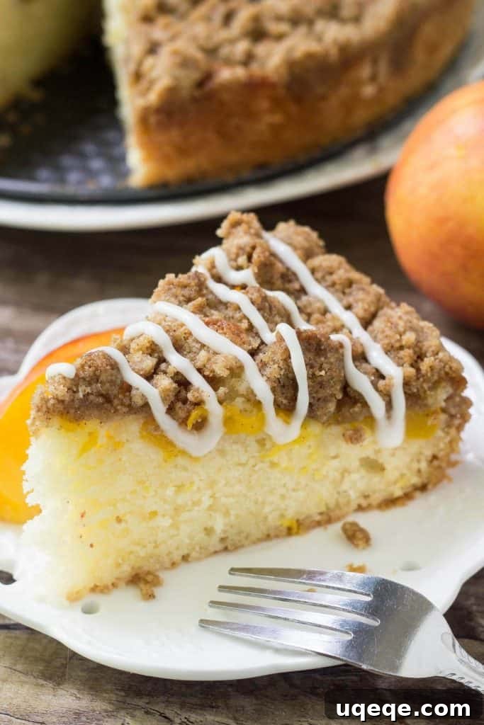 Sweet Peach Crumb Coffee Cake 3 This peach coffee cake is deliciously moist with the perfect sponge cake texture. Then there's a layer of juicy peaches and cinnamon brown sugar streusel topping.