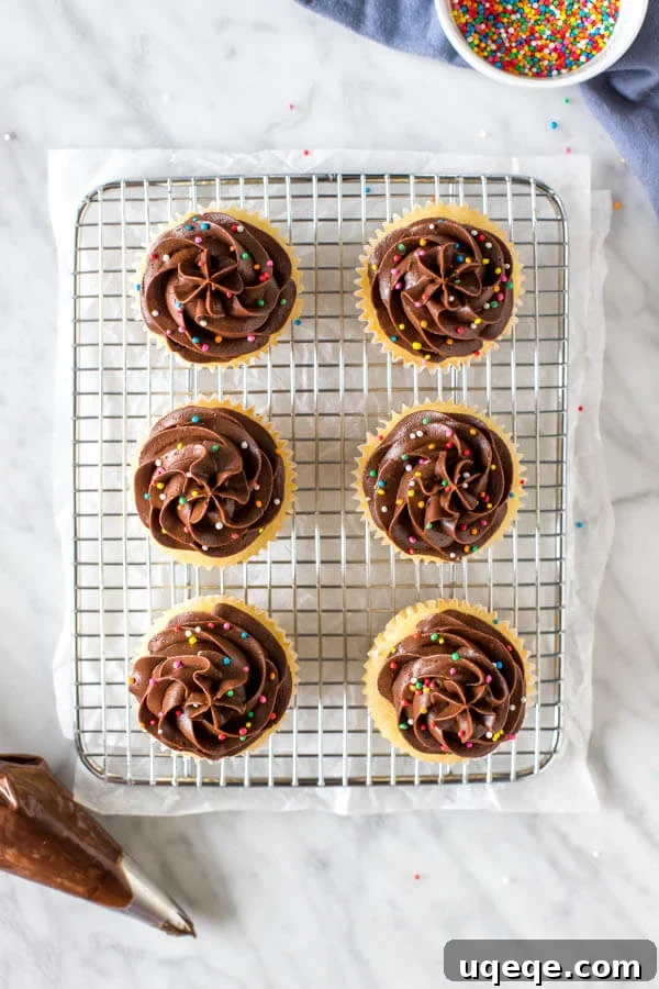 Golden Cupcakes with Velvety Chocolate Frosting 3 Six beautifully chocolate-frosted yellow cupcakes adorned with colorful sprinkles on a cooling rack.