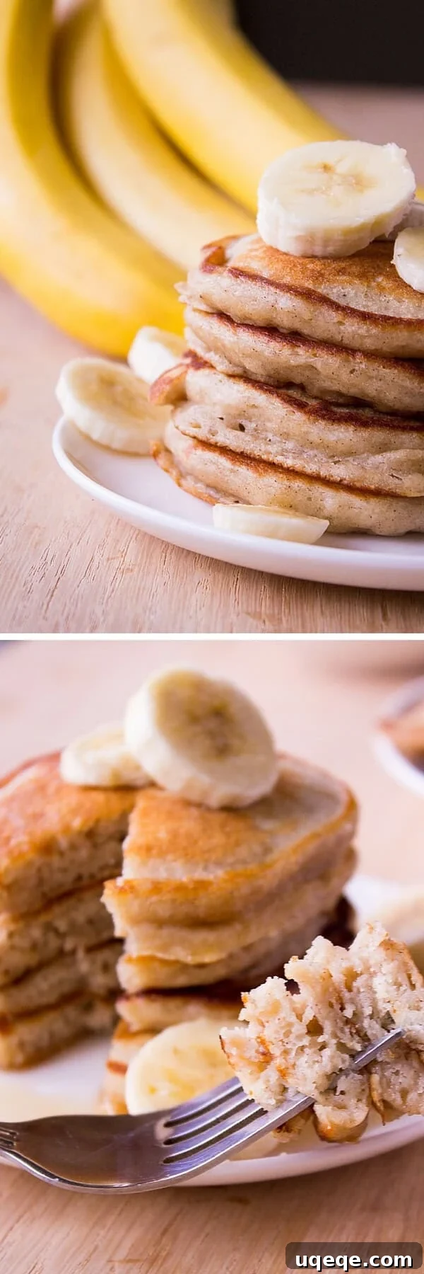 Golden Banana Cloud Pancakes 3 Light & Fluffy Banana Pancakes. These are like banana bread in pancake form. Super moist, filled with vanilla & cinnamon flavor - Start your morning with this easy recipe! www.justsotasty.com