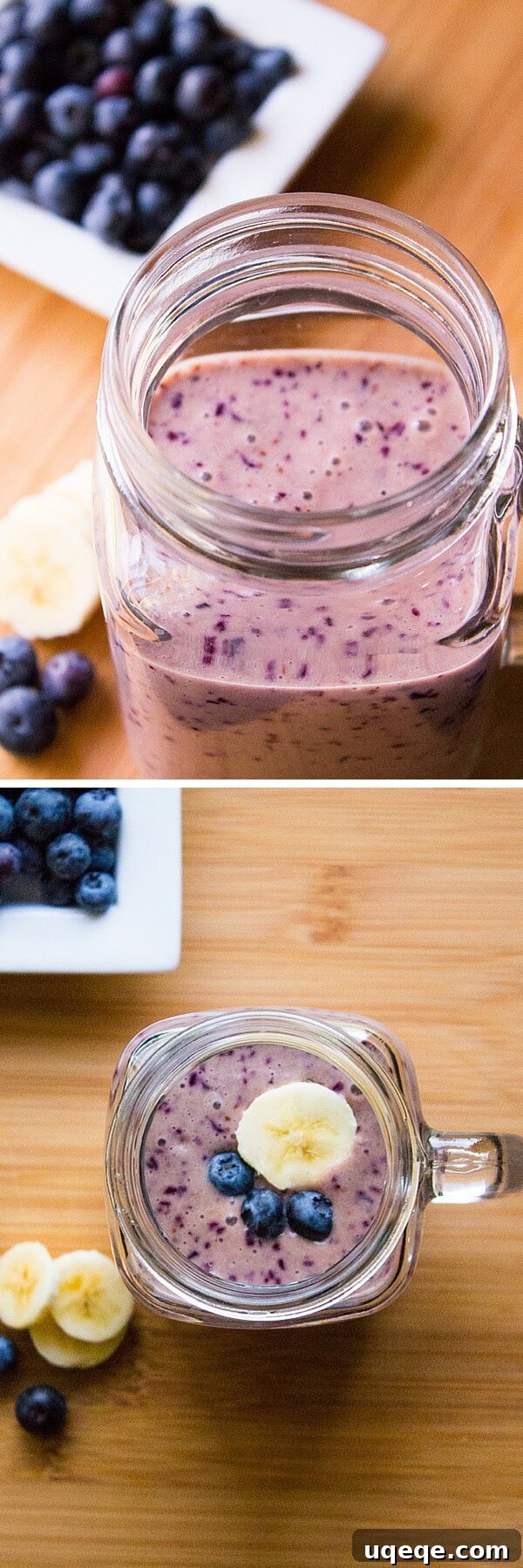 Blueberry Banana Bliss 3 Close-up of a vibrant purple Blueberry Banana Smoothie, showcasing its creamy texture and delicious appeal as a healthy on-the-go option.