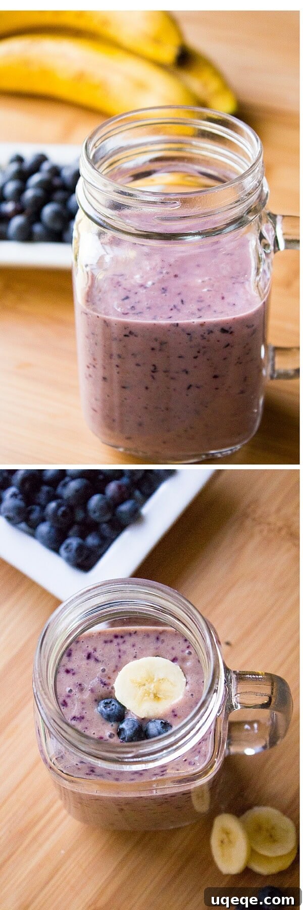 Blueberry Banana Bliss 4 A tall glass of homemade Blueberry Banana Smoothie, garnished with fresh blueberries and a straw. A healthy and delicious breakfast or snack option.
