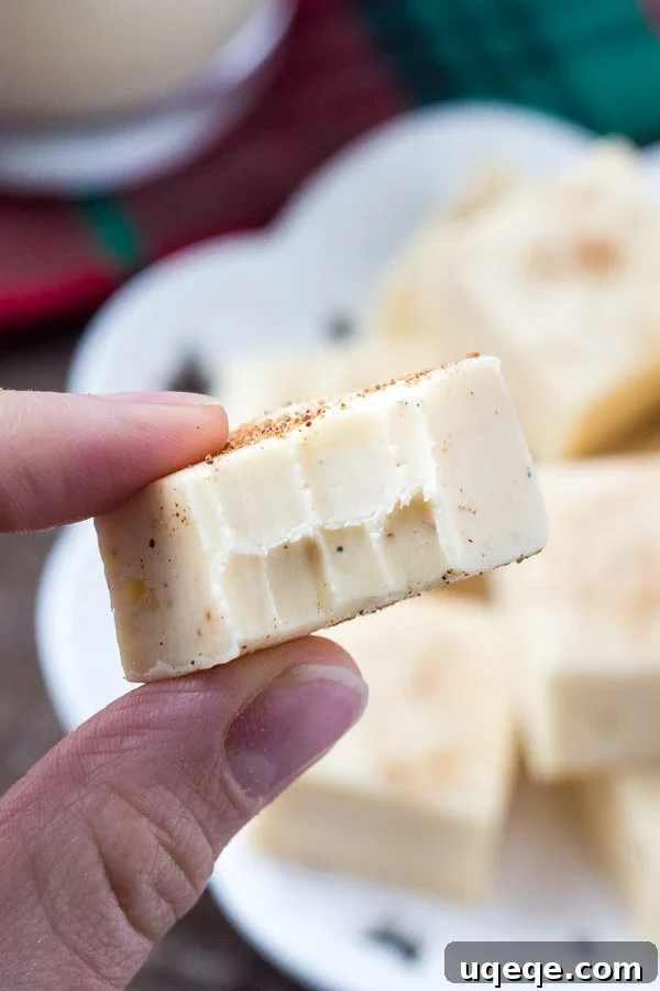 Luscious Eggnog Fudge 5 Close-up of a cut piece of eggnog fudge, showing its creamy texture.