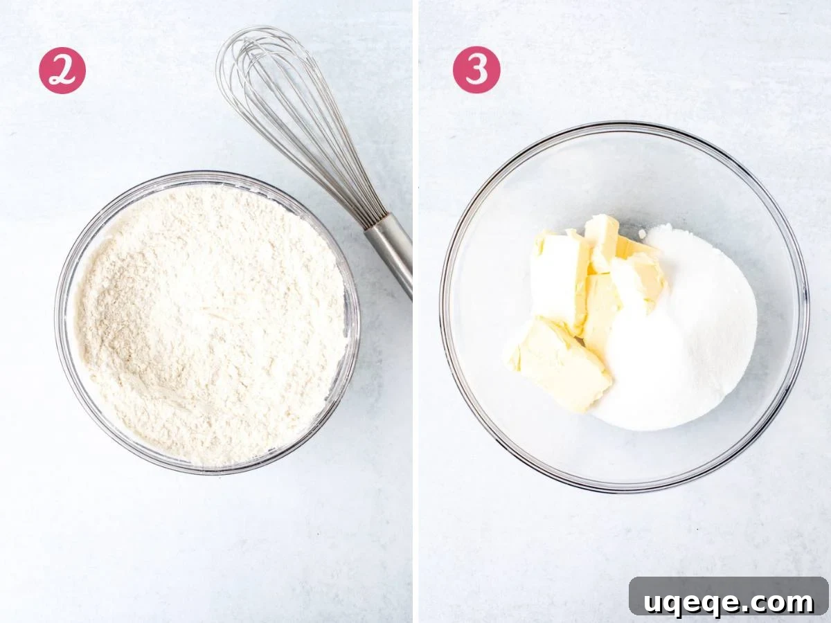 Bowl of dry ingredients and bowl of creamed butter and sugar, prepared for mixing into snickerdoodle cookie dough