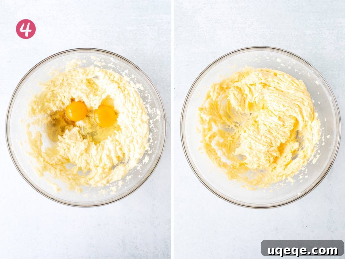 Bowl of creamed butter and sugar with eggs and vanilla added in, and bowl after they've been mixed together, showing a fluffy texture