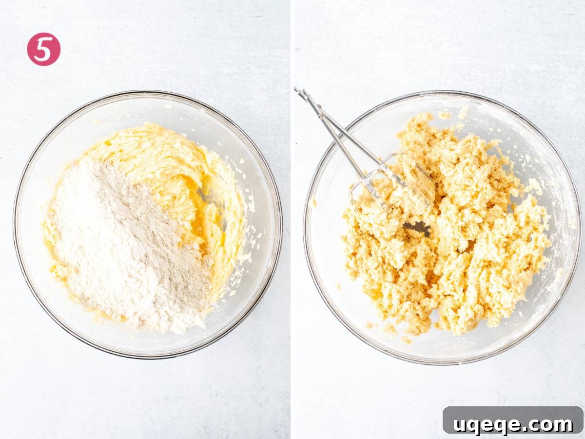 Bowl of dry ingredients added to butter mixture, and a bowl of fully mixed snickerdoodle cookie dough