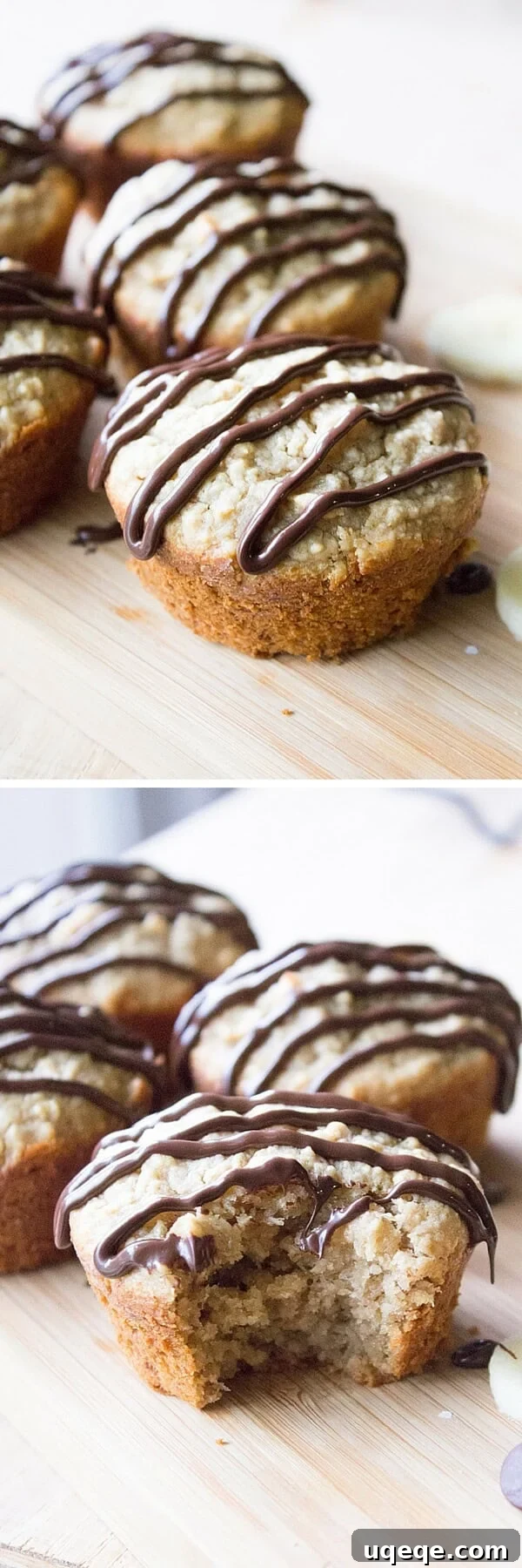 Wholesome Peanut Butter Muffins with Chocolate Drizzle 3 Close-up of fluffy and moist peanut butter banana muffins with a generous chocolate glaze, showcasing their perfect texture. This easy, healthy recipe is gluten-free and dairy-free.