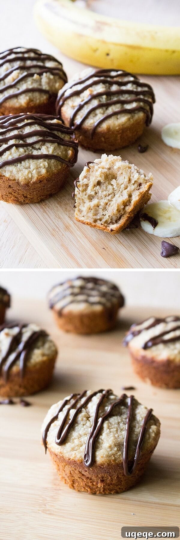 Wholesome Peanut Butter Muffins with Chocolate Drizzle 4 A stack of perfectly baked peanut butter banana muffins, glazed with chocolate, ready to be enjoyed as a healthy, gluten-free, and dairy-free treat.