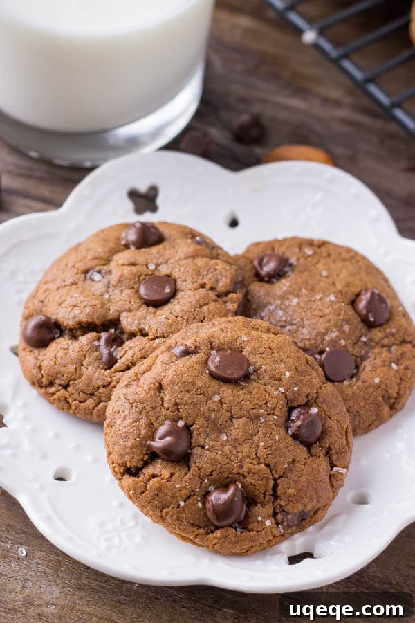 Decadent Almond Butter Chocolate Chip Cookies 4 A rustic plate holding three freshly baked almond butter chocolate chip cookies, ready to be enjoyed.