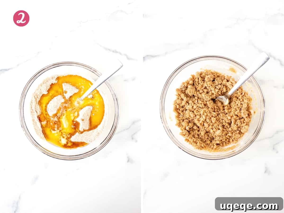 Two bowls: one with dry ingredients for streusel and melted butter, the other with finished crumbly streusel mixture