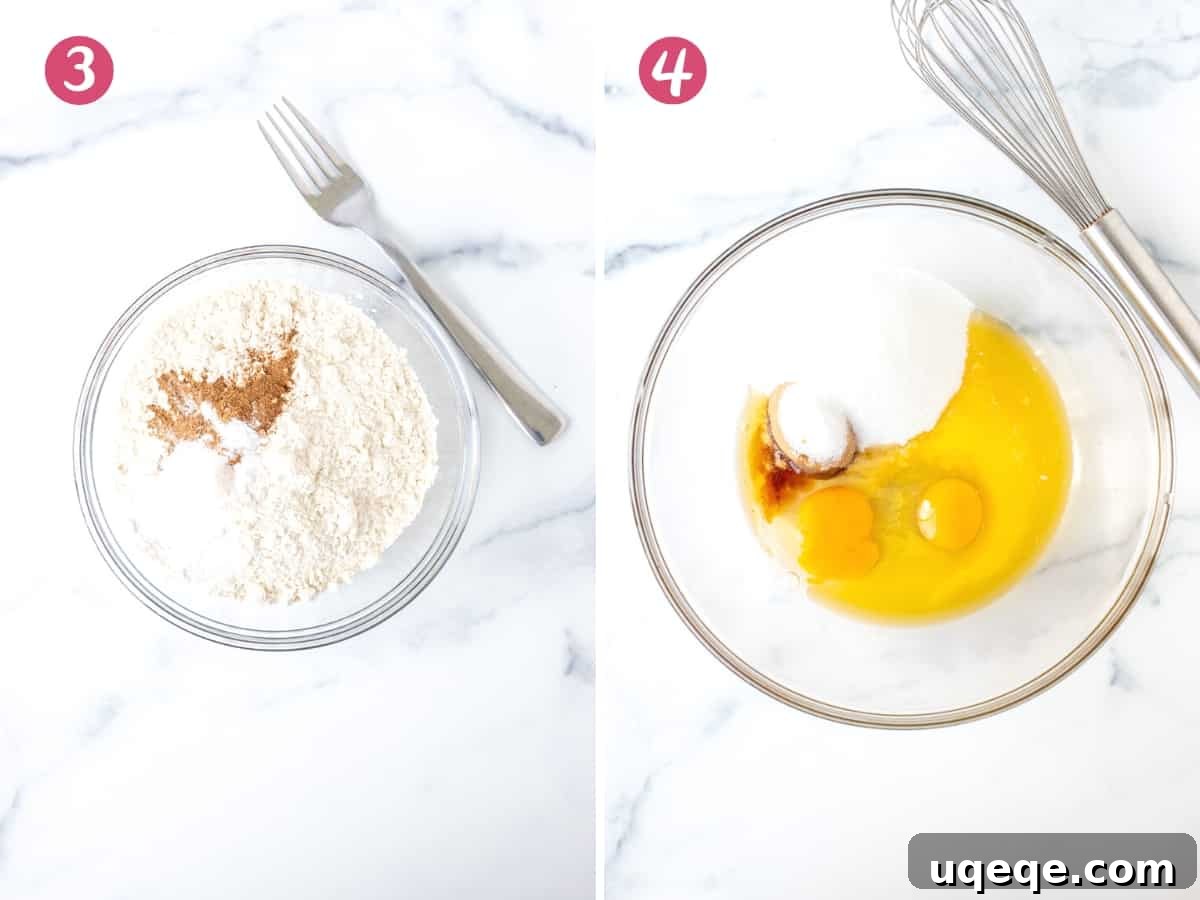 Two bowls: one containing dry cake ingredients, the other holding a smooth mixture of wet cake ingredients