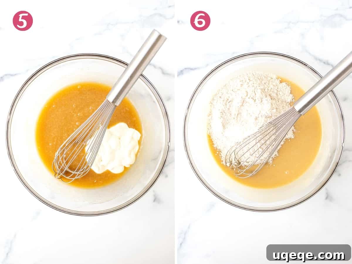 Two bowls: one with wet ingredients, the other showing dry ingredients being incorporated into the wet batter