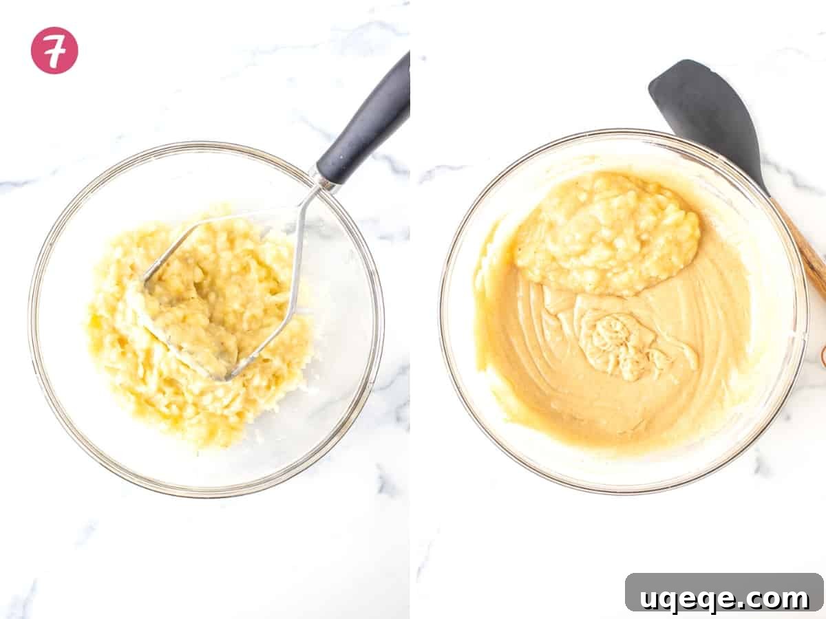 Two bowls: one with perfectly mashed ripe bananas, the other filled with the rich, thick banana cake batter
