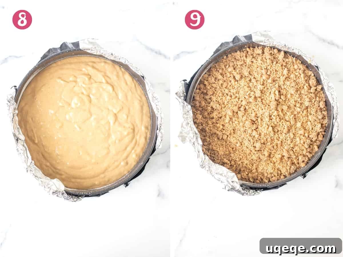 Two images: one shows banana cake batter freshly spooned into a pan, the other shows the batter generously topped with streusel