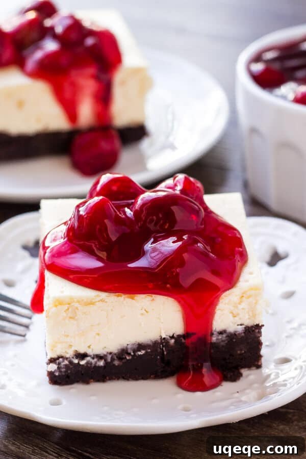 Swirled Brownie Cheesecake 2 A slice of rich brownie cheesecake bars topped with vibrant cherry pie filling. The dessert features a dense, fudgy chocolate brownie base and a thick, creamy cheesecake layer.