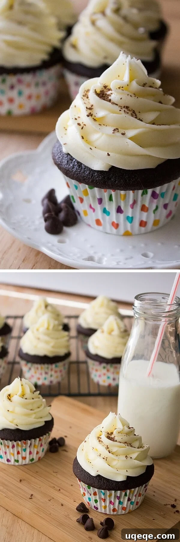 Decadent Chocolate Cupcakes with Cream Cheese Swirl 4 Deliciously moist chocolate cupcakes topped with a generous swirl of thick and creamy cream cheese buttercream.