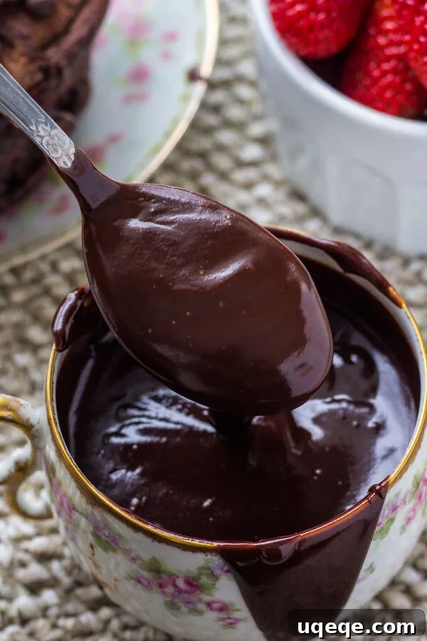 Decadent Chocolate Pancakes 6 A drizzle of chocolate ganache is perfect for these chocolate pancakes.