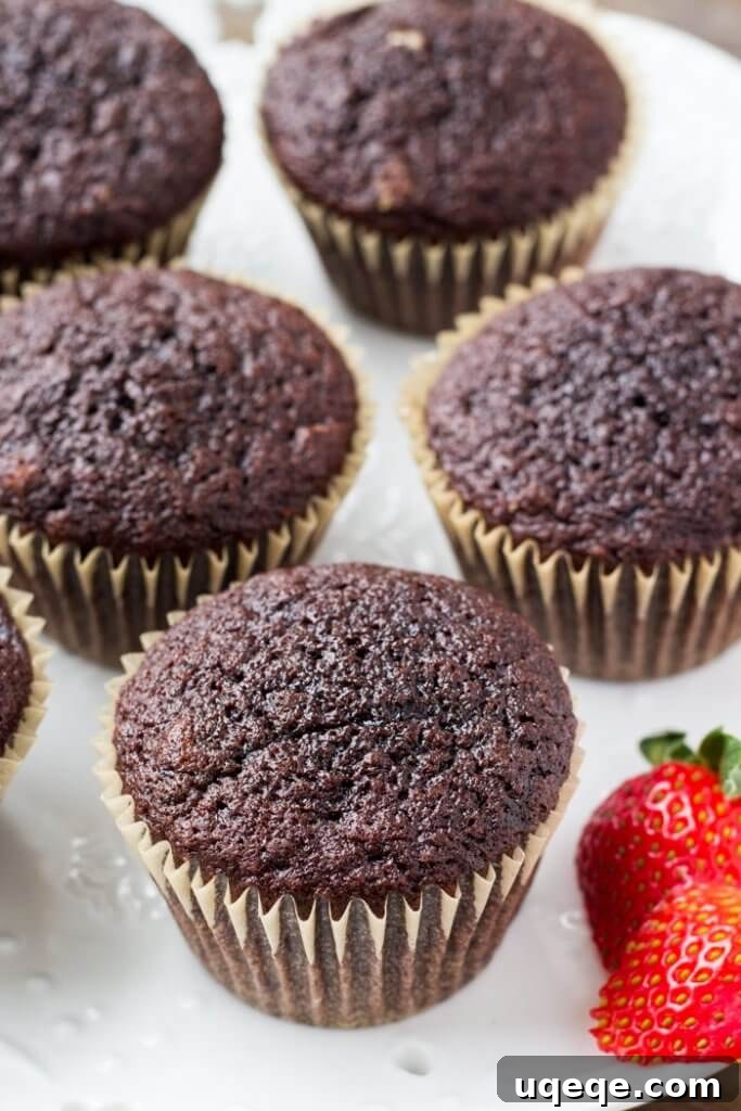 Berry Kissed Chocolate Cupcakes 3 A beautifully arranged plate of moist, fluffy homemade chocolate cupcakes, ready to be adorned with vibrant frosting.