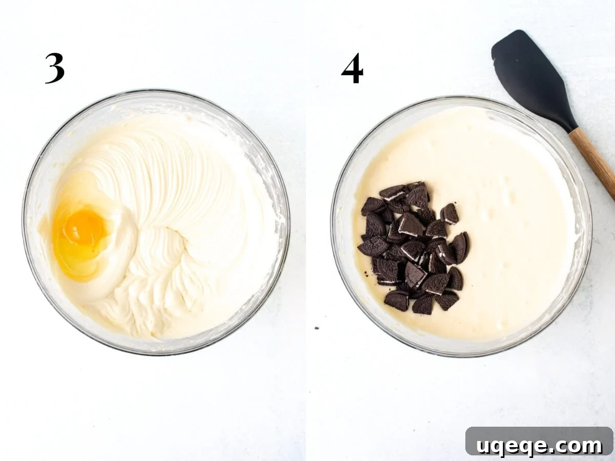 Oreo Obsession Cheesecake 5 Bowl of cream cheese mixture with 1 egg added into the bowl, and bowl of cream cheese batter with chopped Oreos.