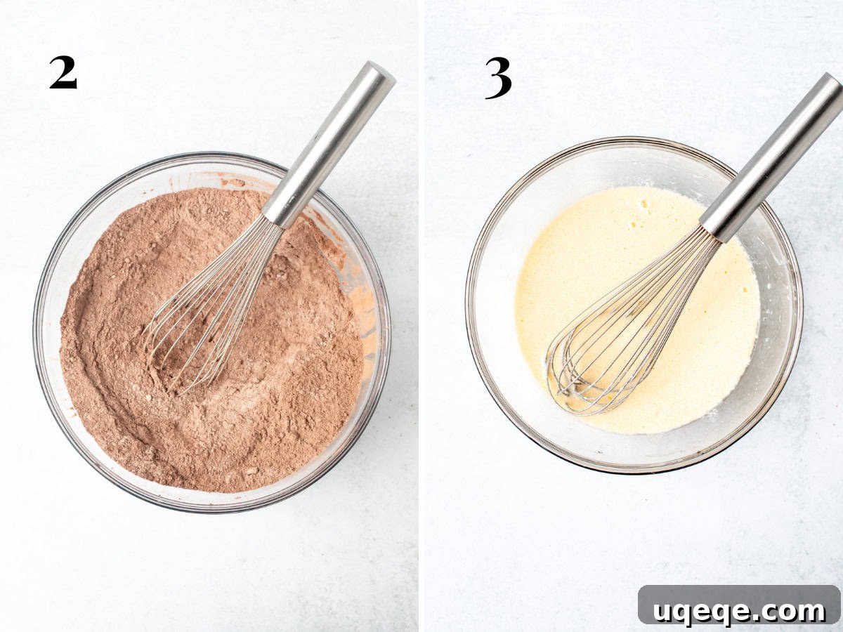 Rich & Easy Chocolate Cake 3 Separate bowls containing whisked dry ingredients and whisked wet ingredients, ready for combining to make chocolate sheet cake.