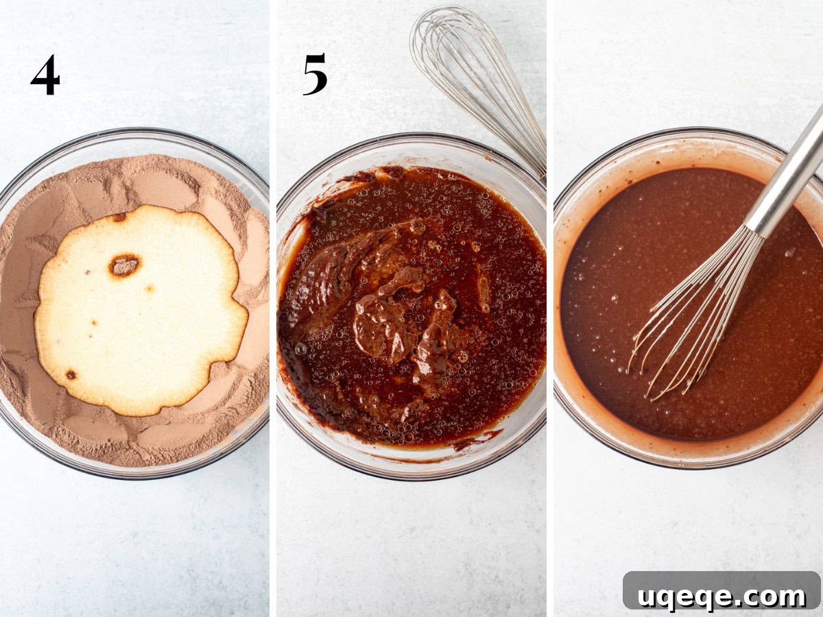 Rich & Easy Chocolate Cake 4 The process of combining wet and dry ingredients in a bowl, showing a smooth chocolate sheet cake batter forming.