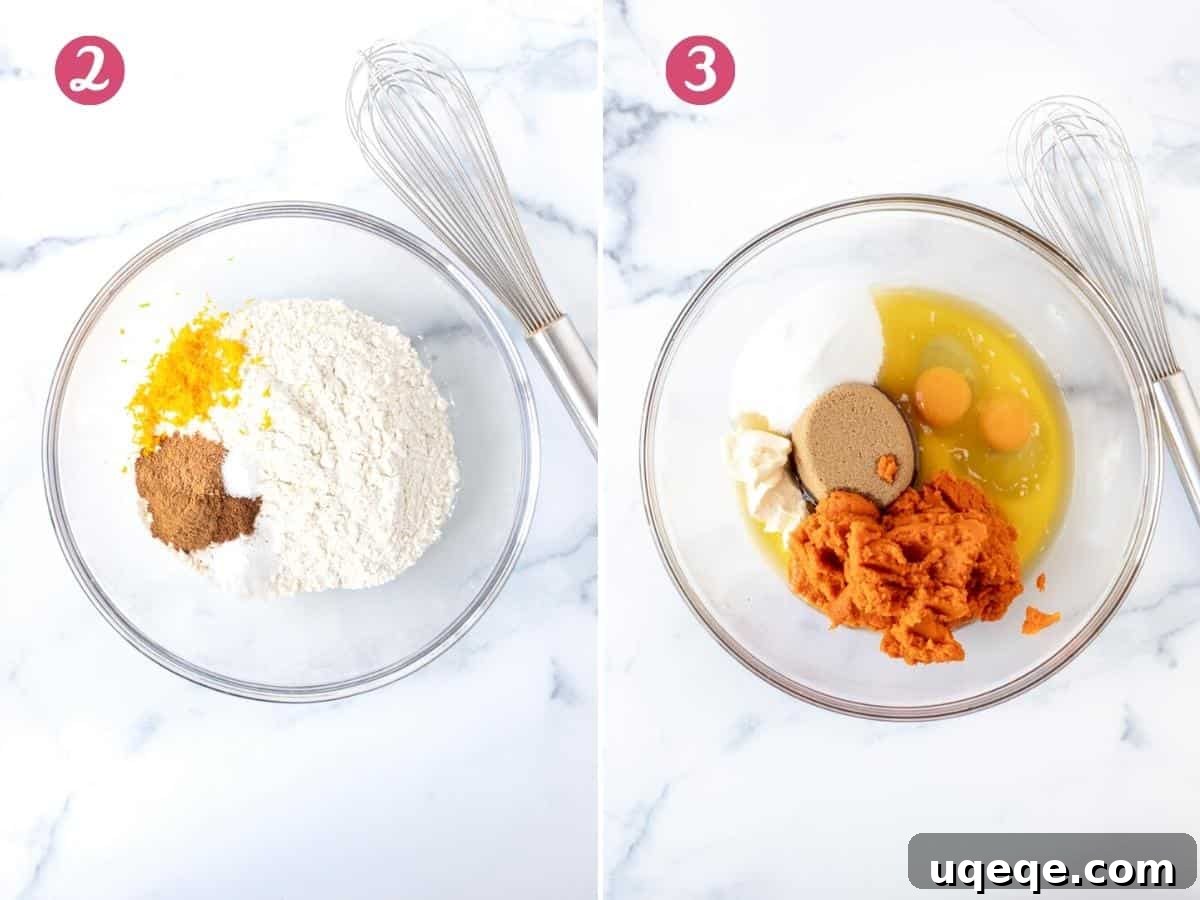 Collage showing separate bowls of dry ingredients and wet ingredients for pumpkin bread batter