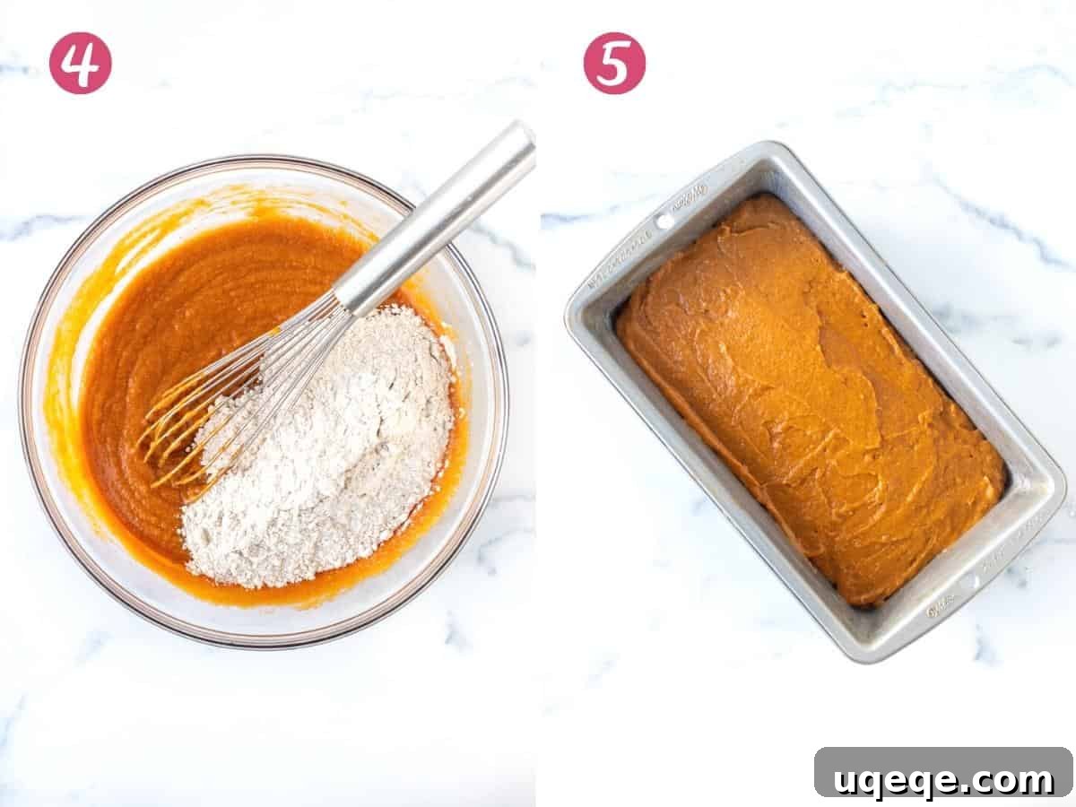 Bowl of pumpkin bread batter and batter smoothed into a loaf tin ready for baking