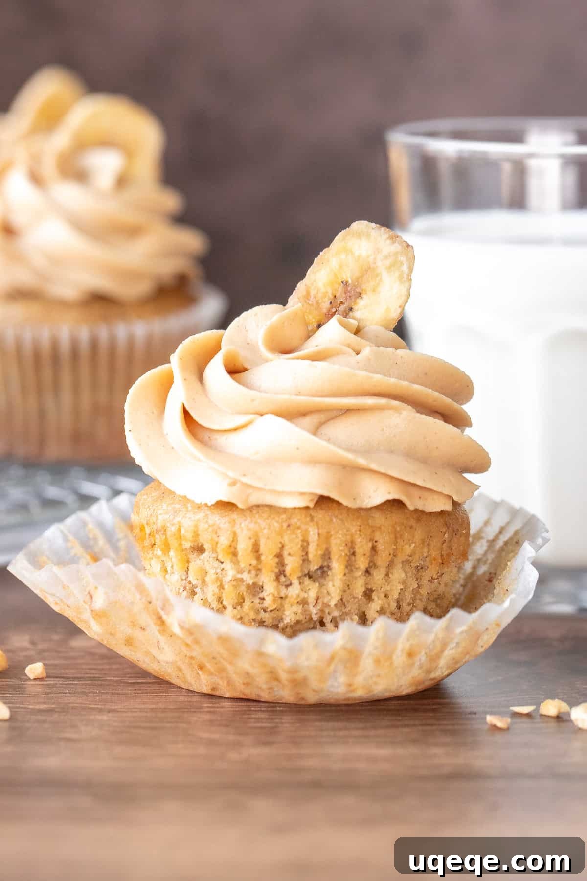 Peanut Butter Banana Dream Cupcakes 3 banana peanut butter cupcake with glass of milk