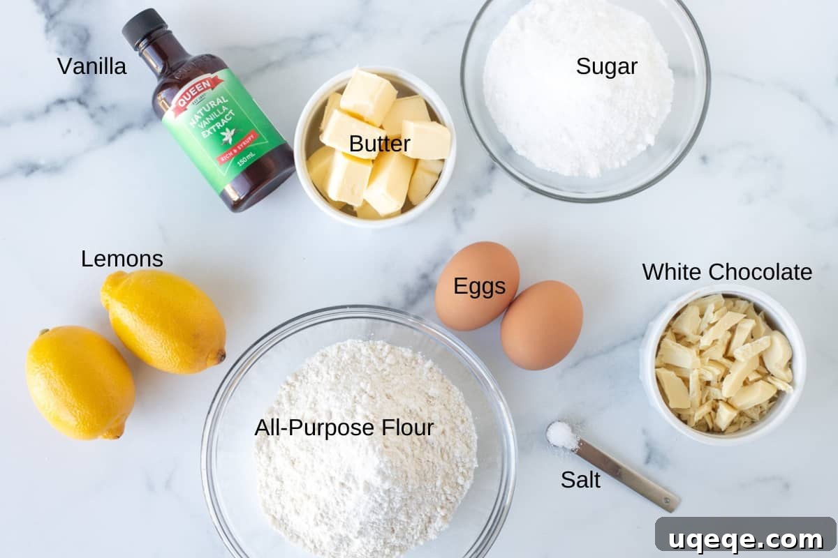 Zesty Lemon Blondies 3 Ingredients for making lemon brownies laid out on a kitchen counter