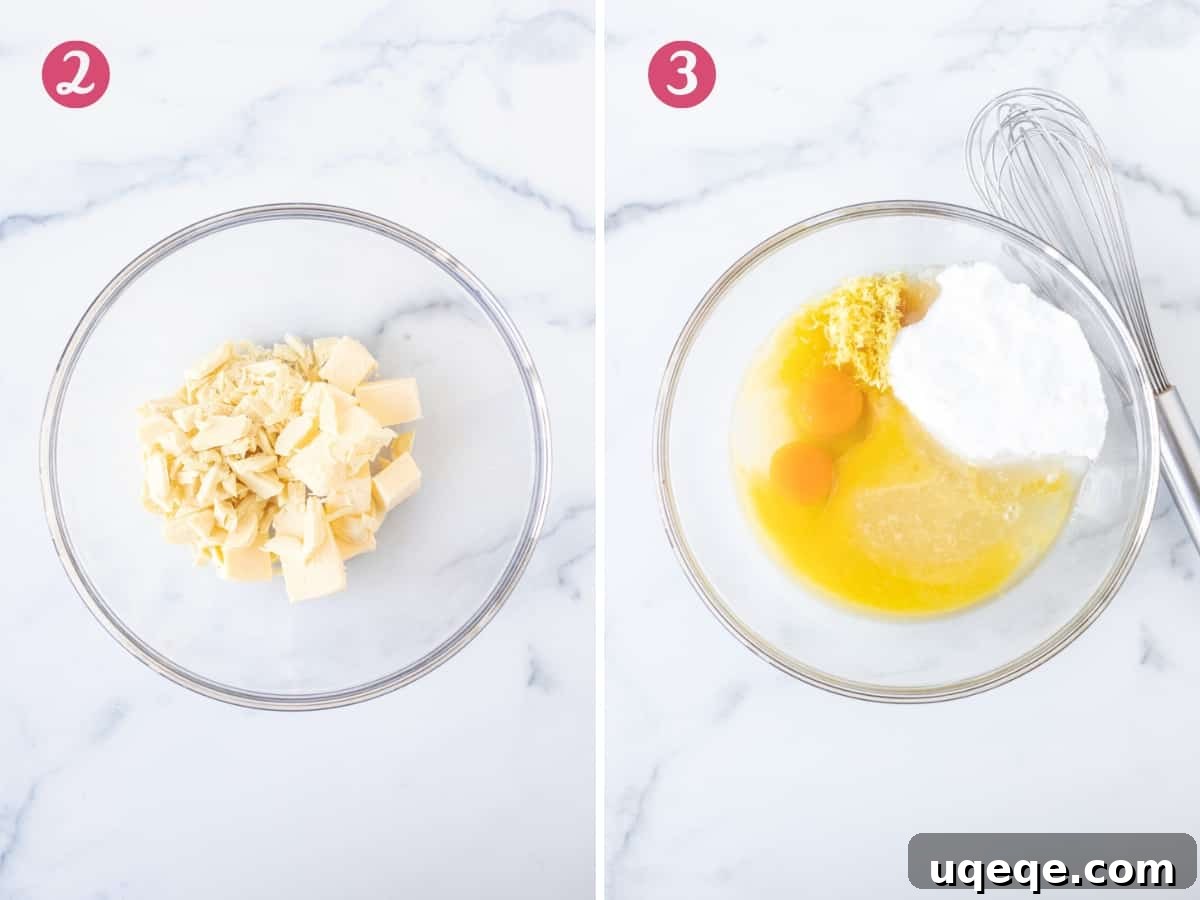Zesty Lemon Blondies 4 Bowl of white chocolate and butter, and bowl of melted white chocolate and butter with sugar, eggs, vanilla, lemon zest and lemon juice being whisked