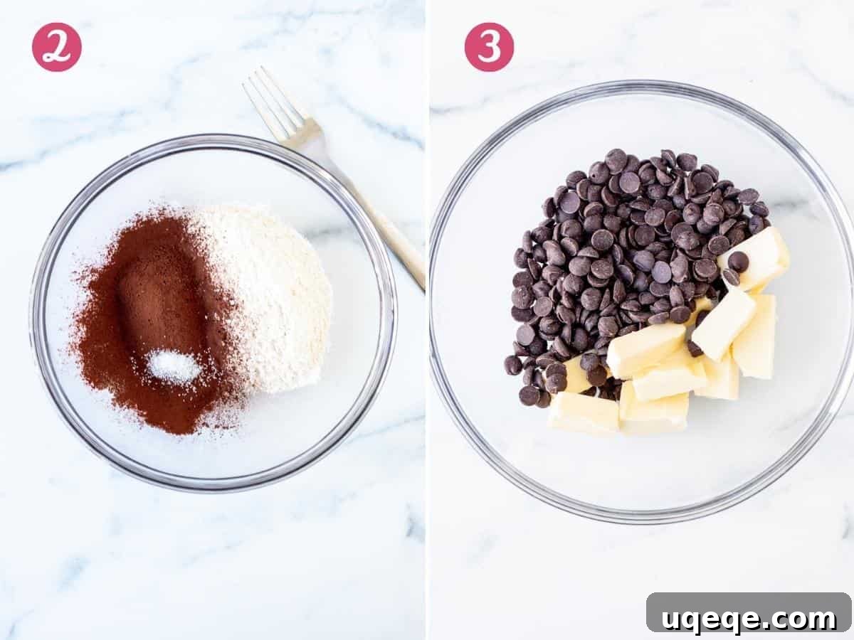 Bowl of flour, cocoa and salt. Second bowl of chocolate chips and butter