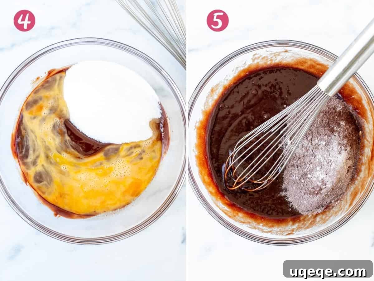 Bowl of melted chocolate with whisked eggs and sugar and a bowl of chocolate brownie batter with dry ingredients being whisked in. 