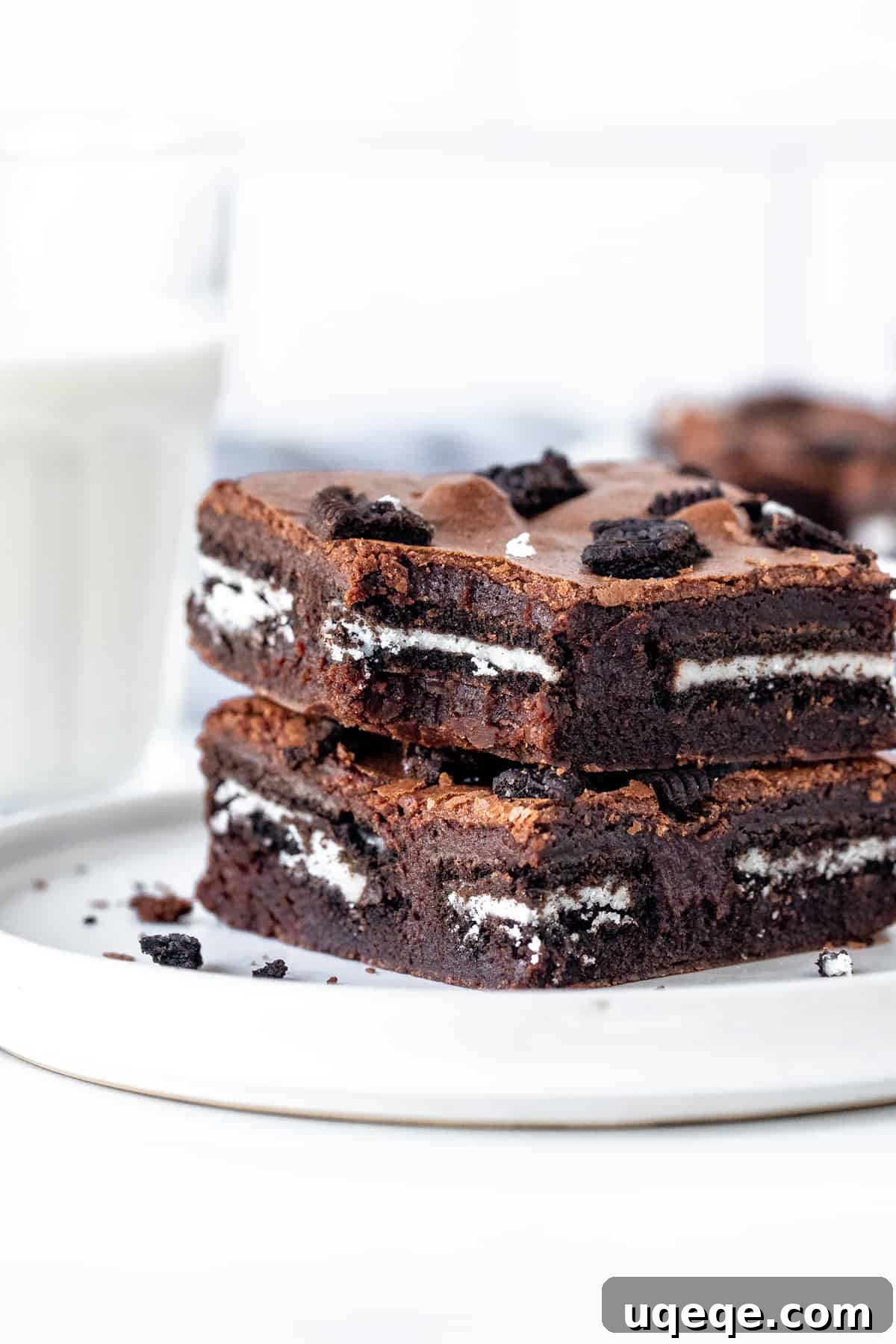 2 Oreo stuffed brownies stacked on top of each other