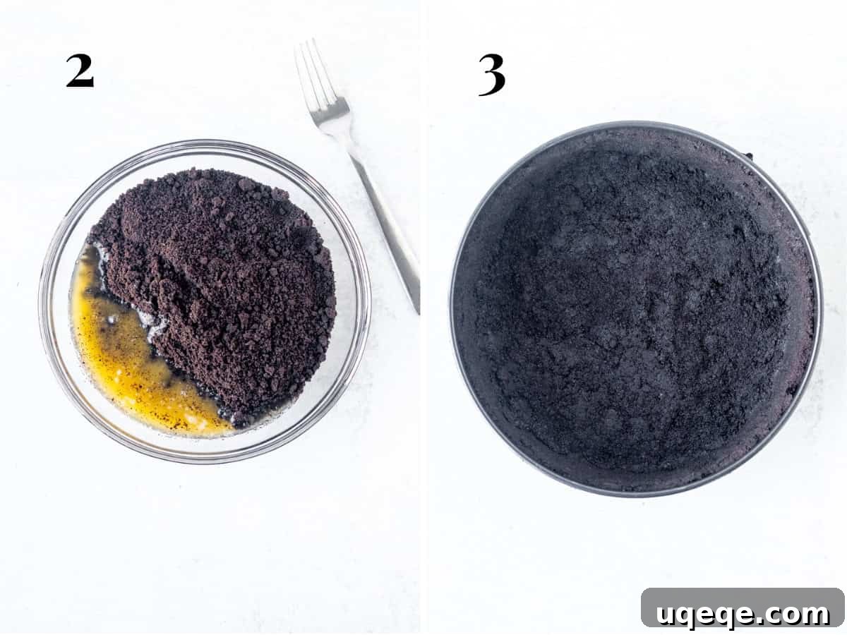 Velvet Strawberry Cheesecake 4 Bowl of Oreo crumbs and melted butter and springform pan with Oreo crust
