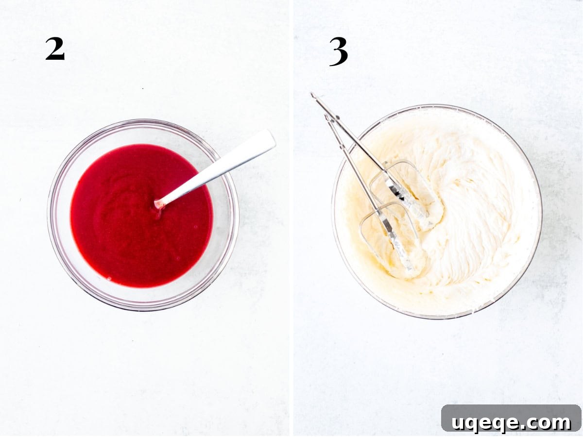 Velvet Strawberry Cheesecake 5 Bowl of reduced strawberry puree and bowl of whipped cream.