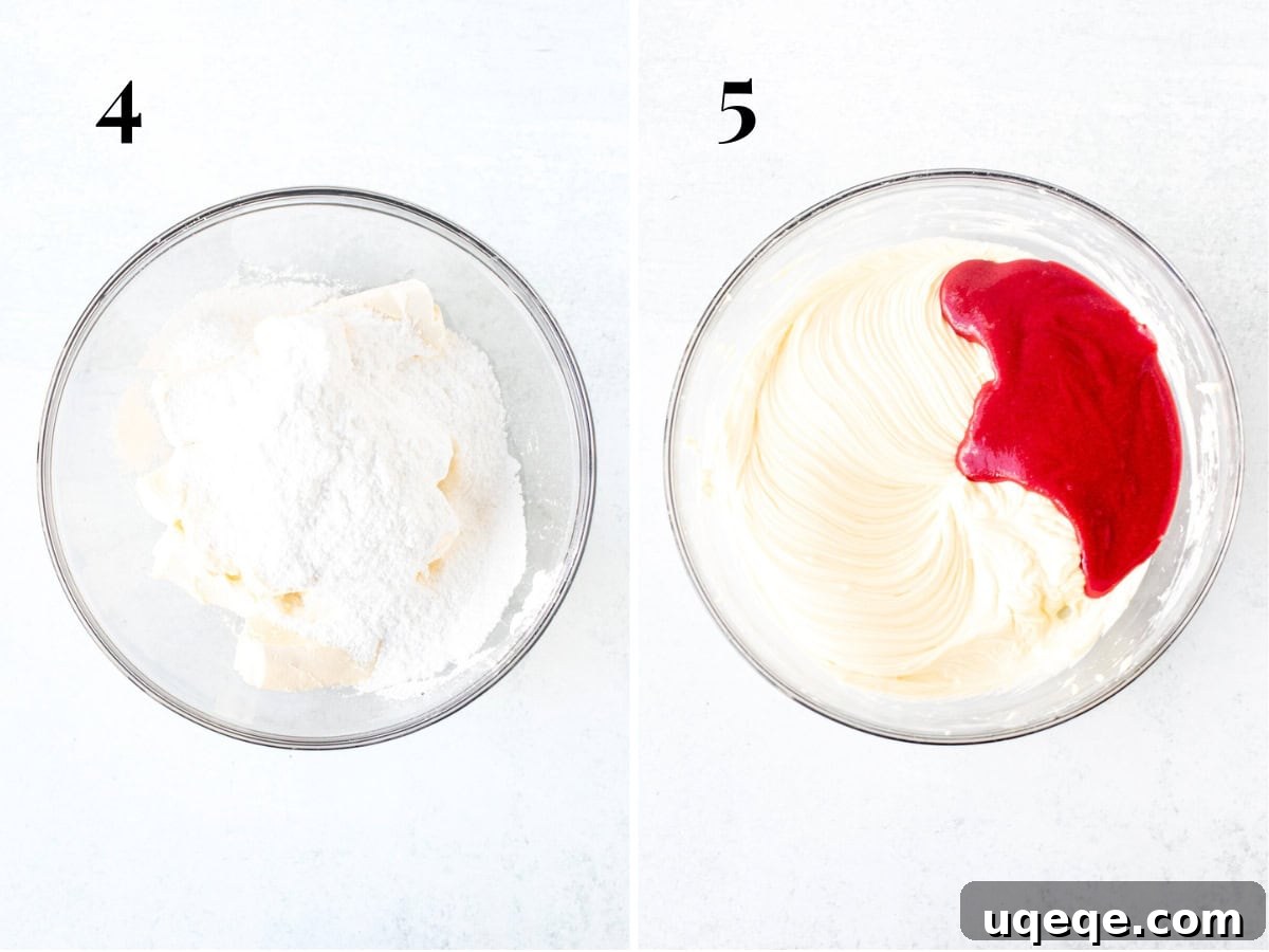 Velvet Strawberry Cheesecake 6 Cream cheese and strawberry mixture being combined