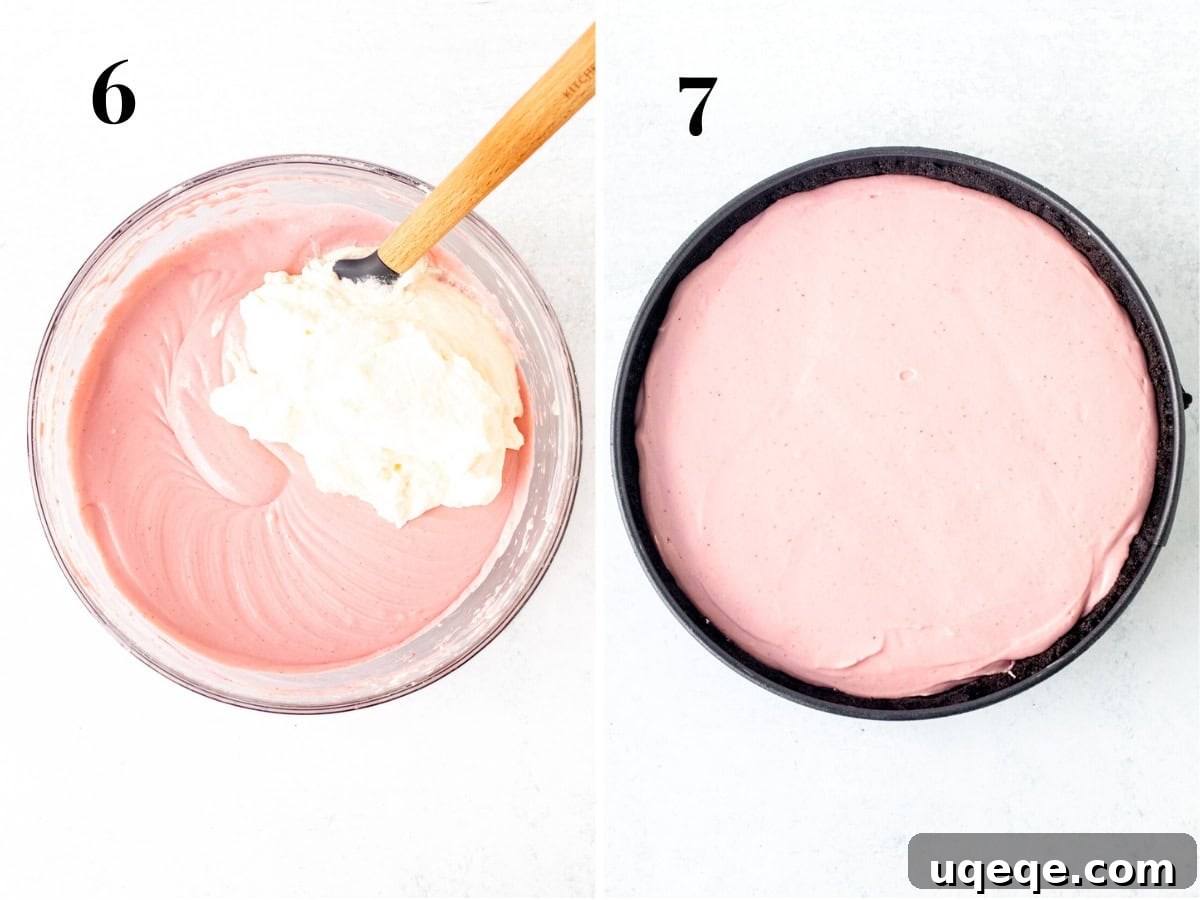 Velvet Strawberry Cheesecake 7 Bowl of strawberry cheesecake batter with whipped cream added to the bowl, and springform pan with no bake strawberry cheesecake