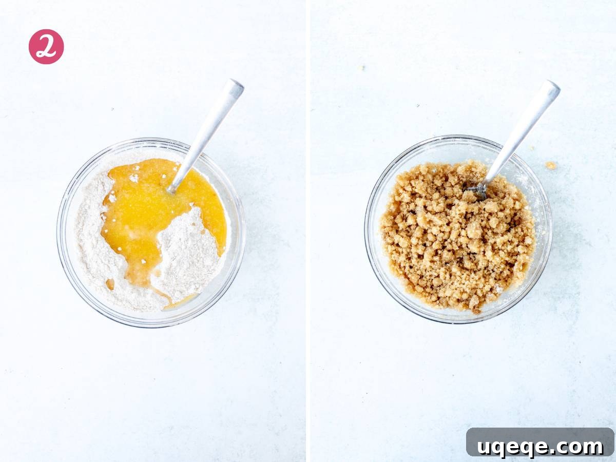 Zesty Lemon Coffee Cake 4 Bowl of dry ingredients and melted butter and bowl of streusel topping