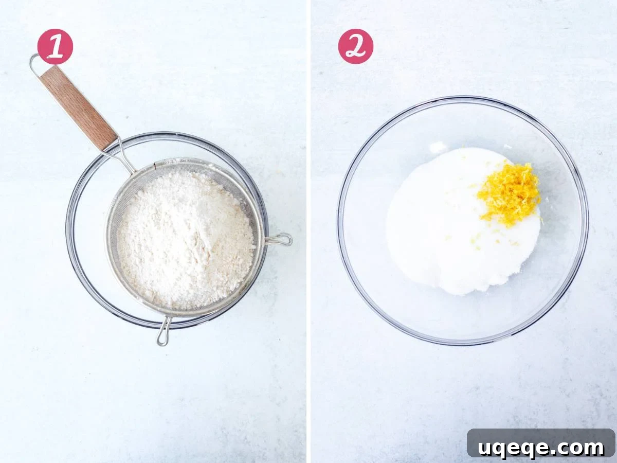 Zesty Lemon Coffee Cake 5 Sifting dry ingredients into a bowl and bowl of sugar and lemon zest