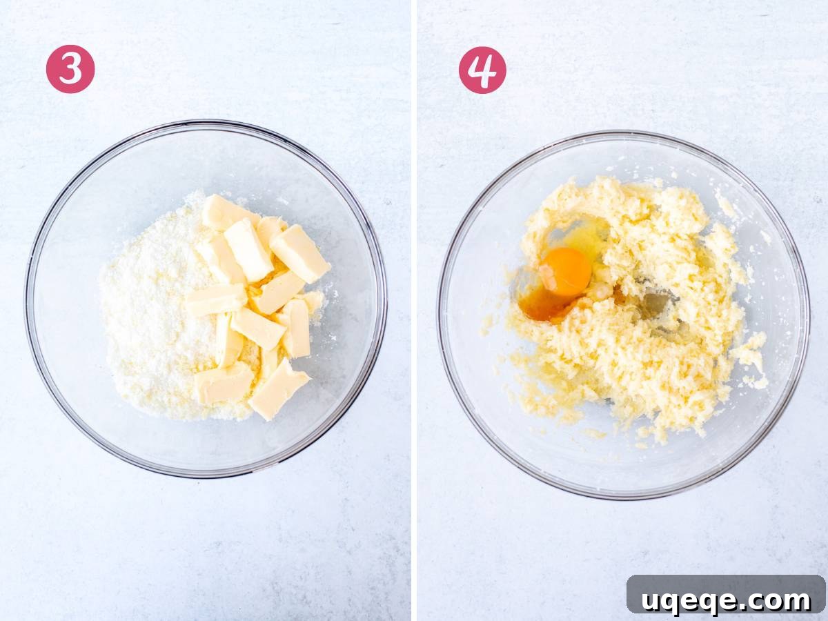 Zesty Lemon Coffee Cake 6 Bowl of butter, sugar and lemon zest, and bowl of butter, sugar and lemon zest creamed together with egg and vanilla
