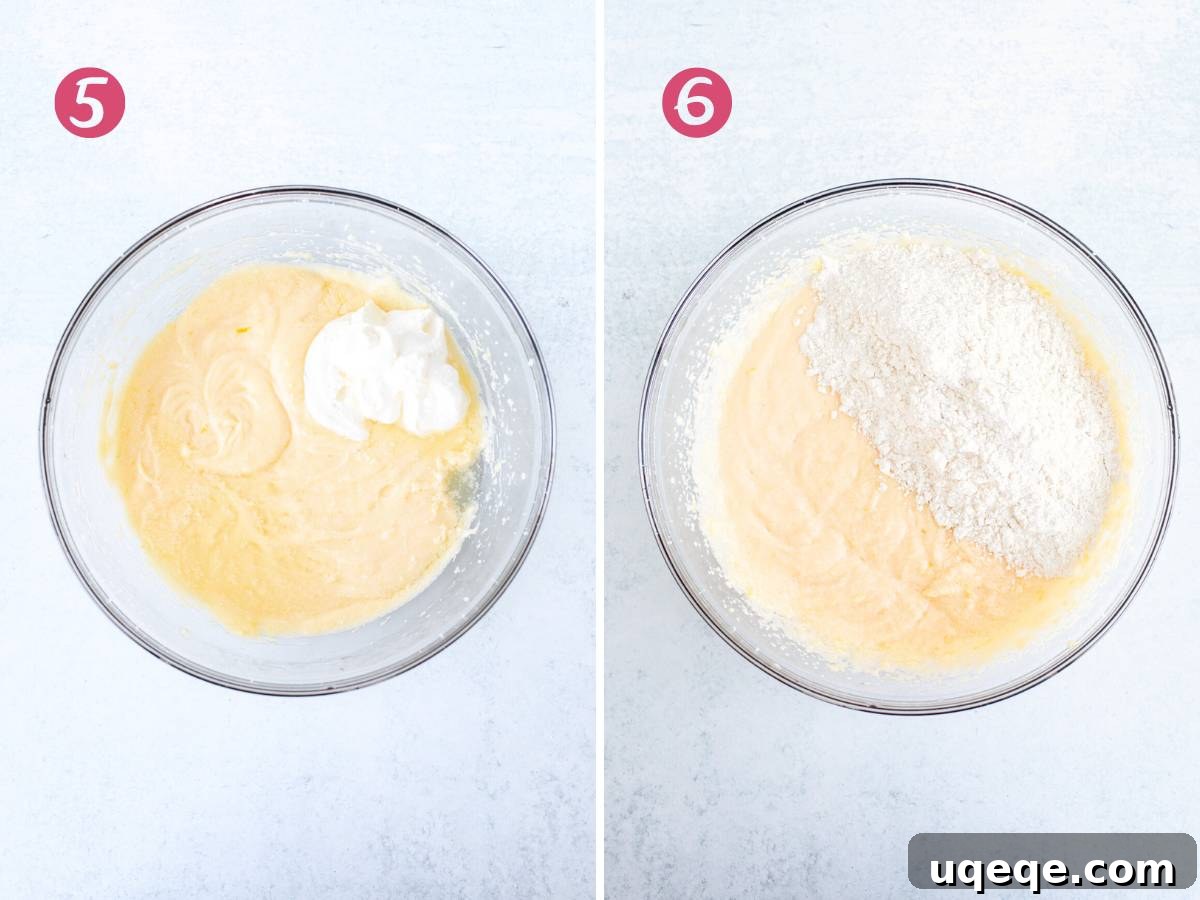 Zesty Lemon Coffee Cake 7 Sour cream and lemon juice added to cake batter, and bowl of dry ingredients added to cake batter