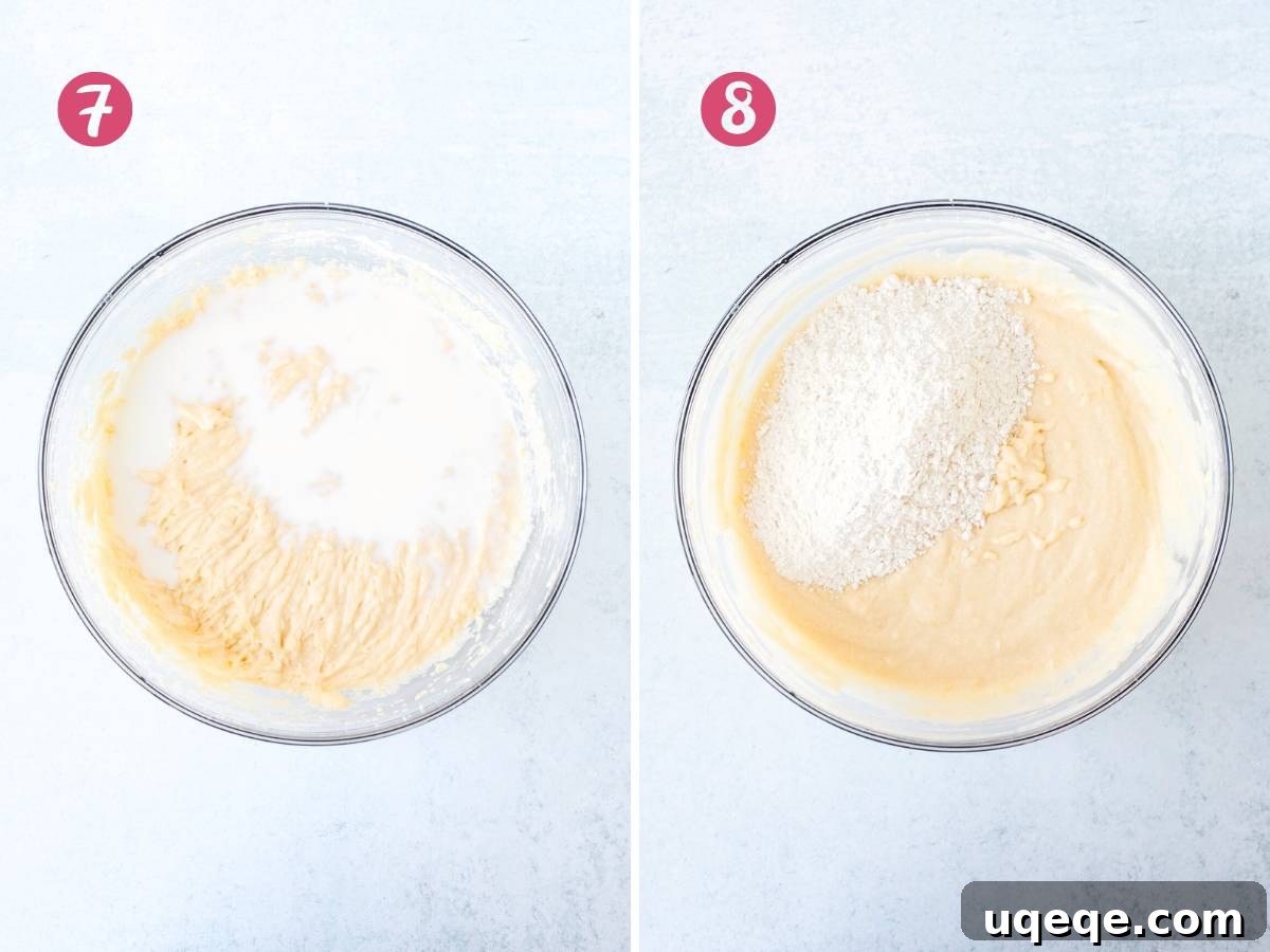 Zesty Lemon Coffee Cake 8 Bowl of cake batter with milk added into the bowl, bowl of cake batter with flour added