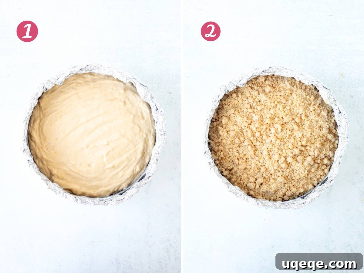 Zesty Lemon Coffee Cake 9 Springform pan with unbaked lemon cake, and springform pan with unbaked lemon cake with streusel topping